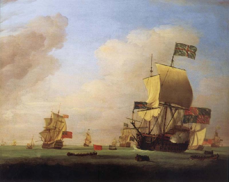 Monamy, Peter Flagship of Sir John Leake,coming to anchor in the bay of Barcelona oil painting image